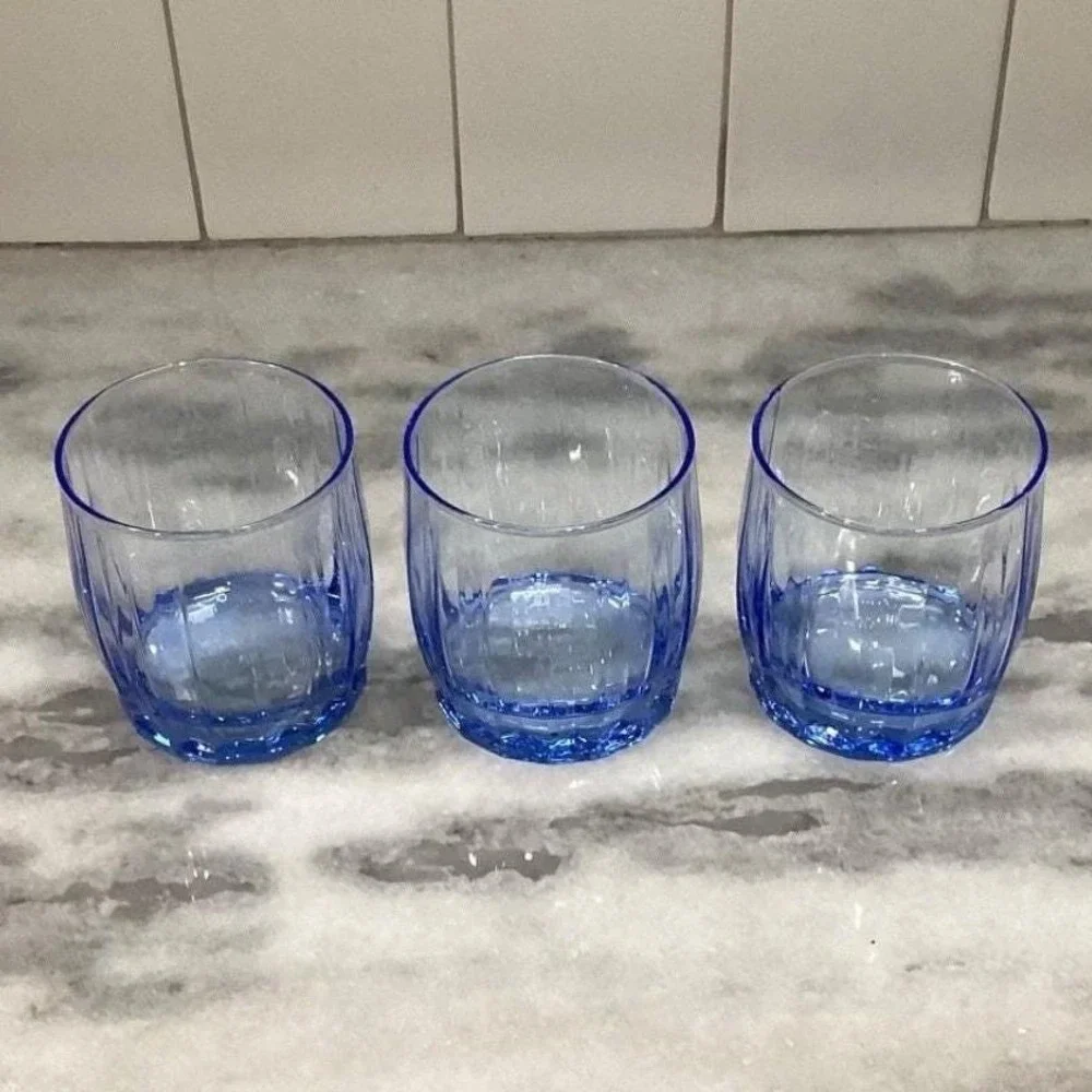 Oneida Valor Blue Juice‎ Glasses, Set of 3, Vintage Pasabahce Ribbed Tumblers